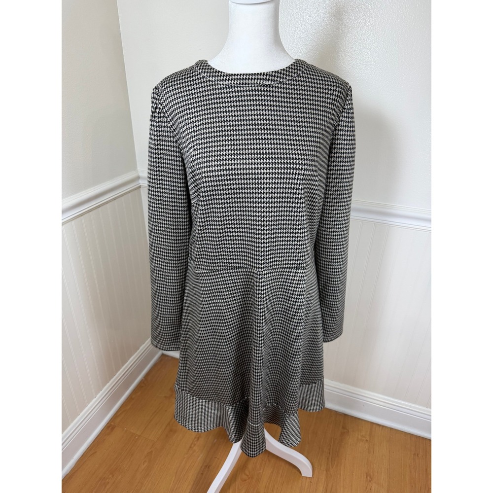 LOFT Houndstooth Ruffle Hem Dress Women 12 Black White Long Sleeve Knit 33712949